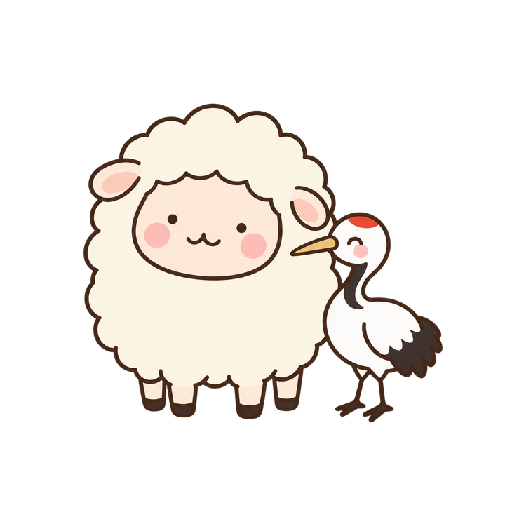 小さな鶴とひつじのイラスト（ゆるい・透過PNG）