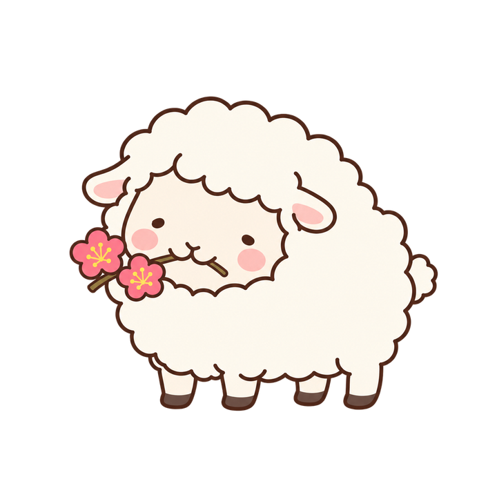 梅の枝をくわえたひつじのイラスト（ゆるい・透過PNG）
