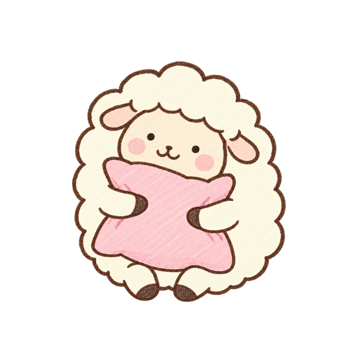 まくらを抱っこするひつじのイラスト（ゆるい手書き・透過PNG）