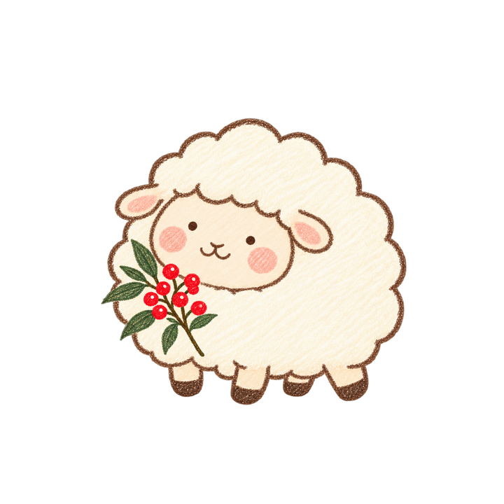 南天の実とひつじのイラスト（ゆるい手書き・透過PNG）