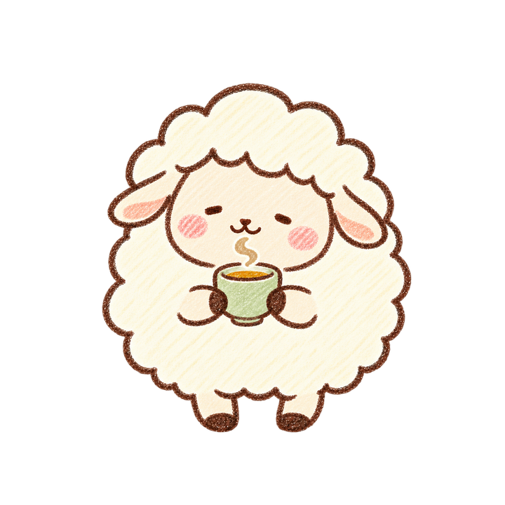 お茶を飲むひつじのイラスト（ゆるい手書き・透過PNG）