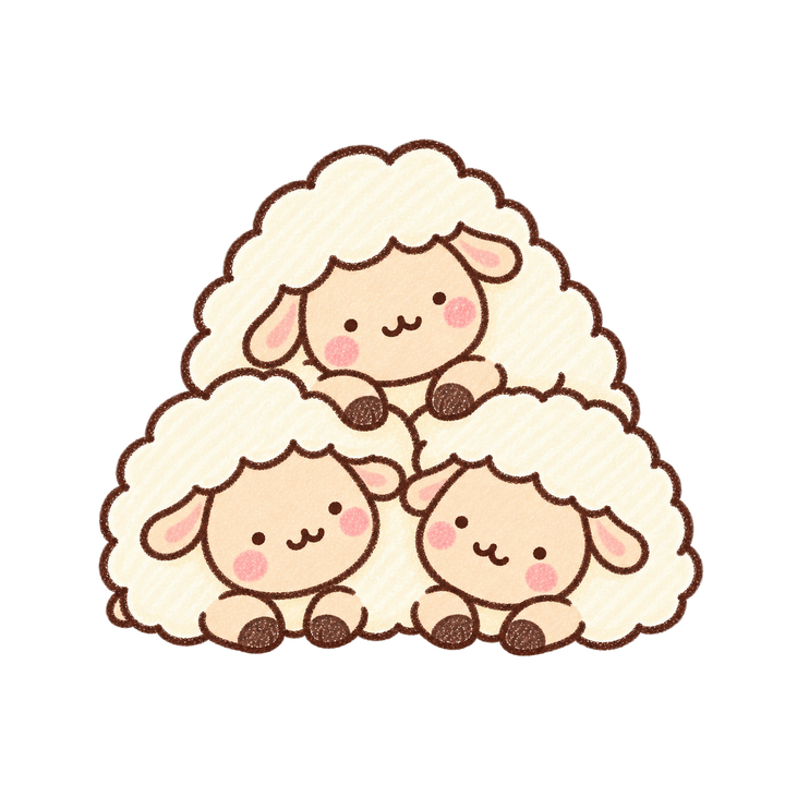 重なり合う3匹のひつじのイラスト（ゆるい手書き・透過PNG）