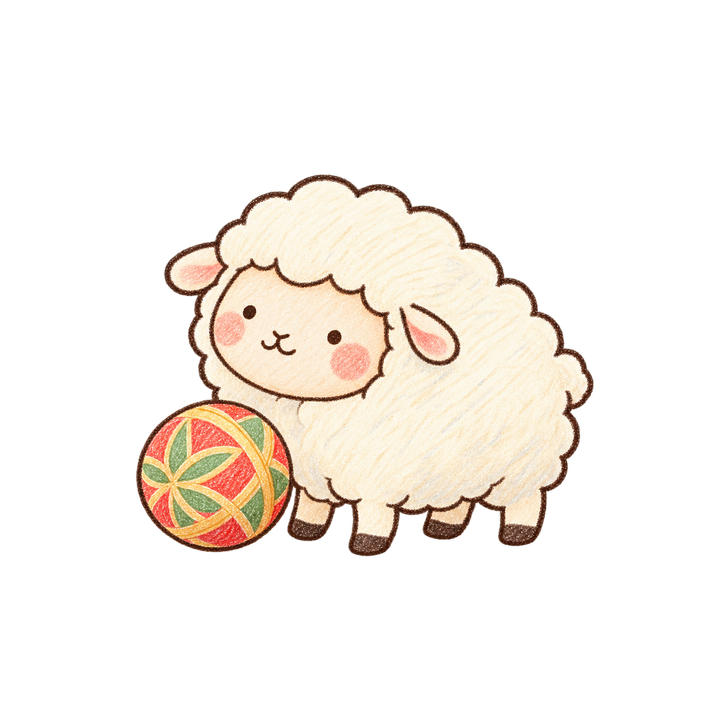 手まりのそばのひつじのイラスト（ゆるい手書き・透過PNG）