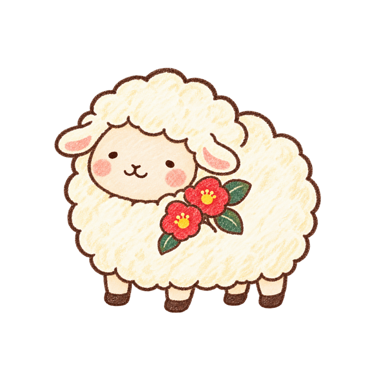椿とひつじのイラスト（ゆるい手書き・透過PNG）