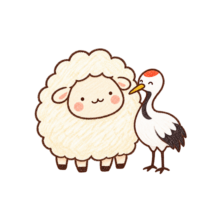 鶴といっしょのひつじのイラスト（ゆるい手書き・透過PNG）