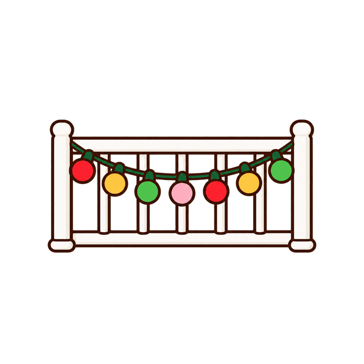陽台欄杆的彩色燈串，聖誕節圖案（去背 PNG）