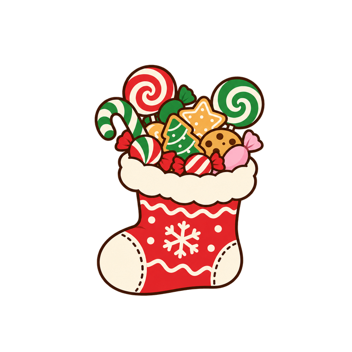 裝滿零食的聖誕襪，聖誕節圖案（去背 PNG）