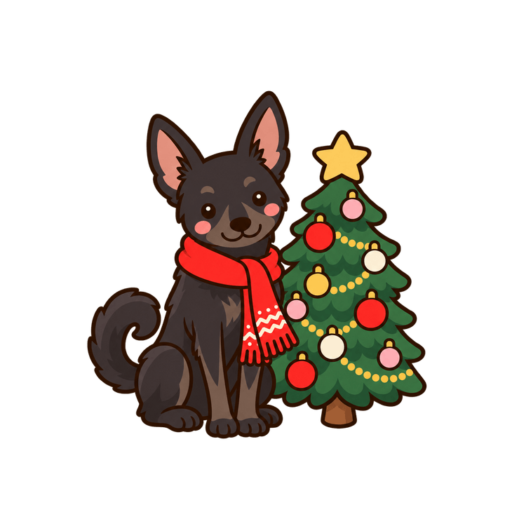 聖誕樹旁的黑狗狗，聖誕節圖案（去背 PNG）