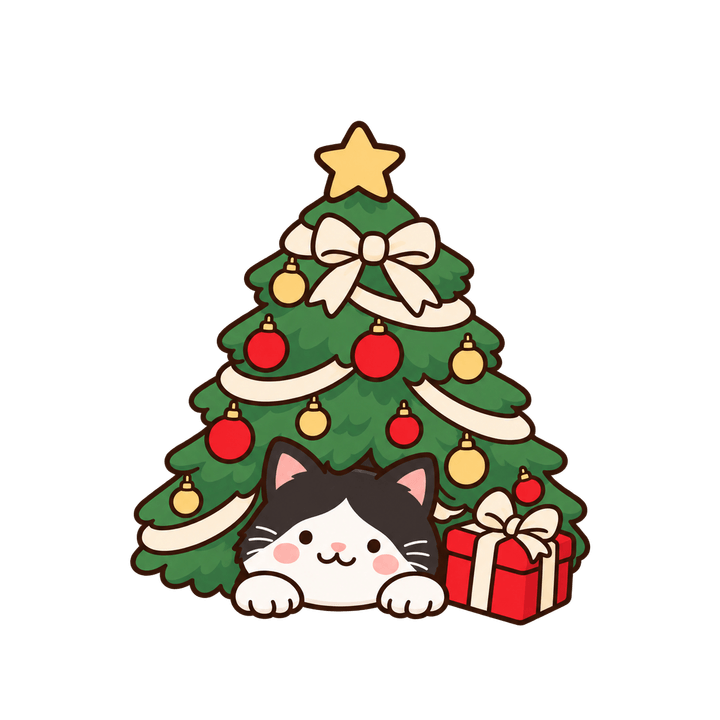 賓士貓和聖誕樹，聖誕節圖案（去背 PNG）