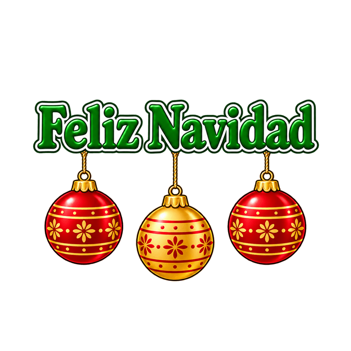 Feliz Navidad con tres esferas PNG sin fondo