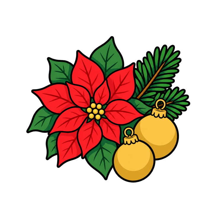 Flor de nochebuena con esferas doradas PNG sin fondo