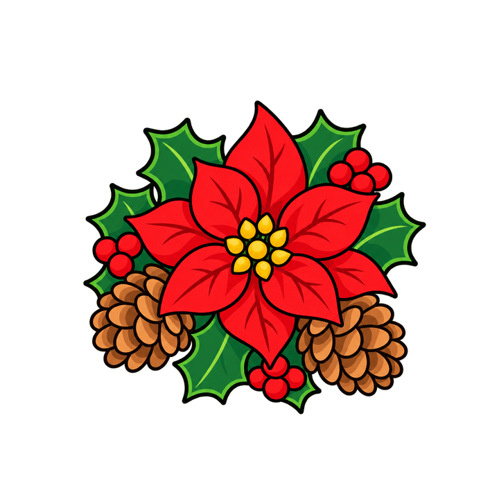 Flor de nochebuena con piñas y acebo PNG sin fondo
