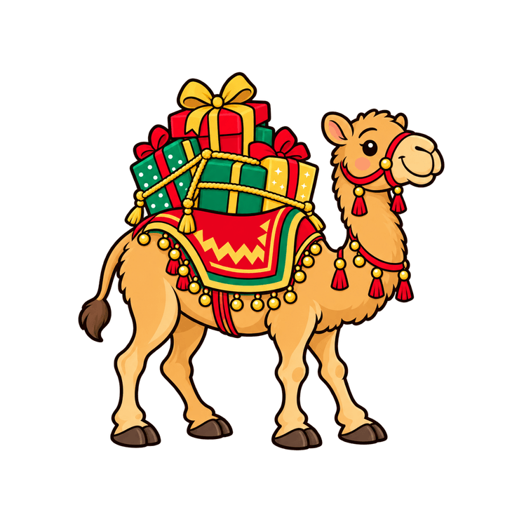 Camello cargado de regalos PNG sin fondo