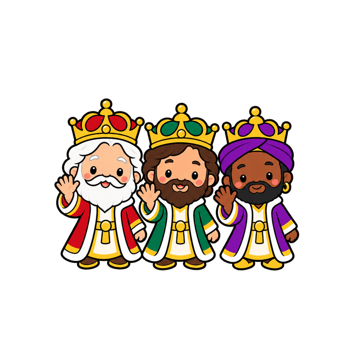 Reyes Magos kawaii saludando PNG sin fondo