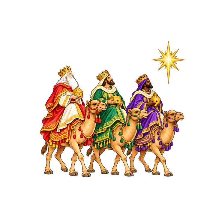 Reyes Magos en camello, en acuarela PNG sin fondo