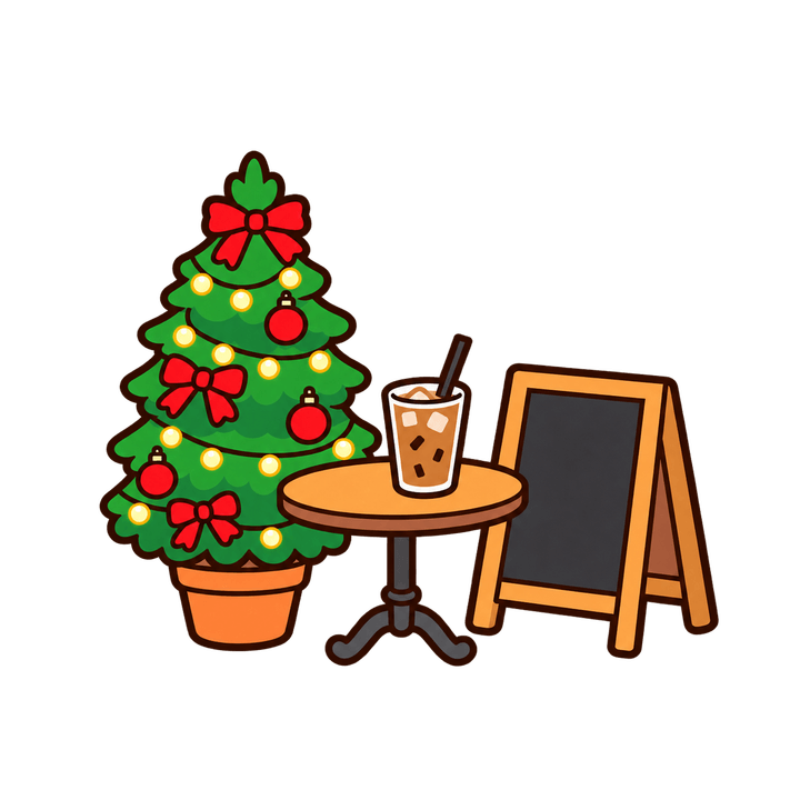 ต้นคริสต์มาสหน้าร้านกาแฟ การ์ตูน PNG พื้นหลังใส