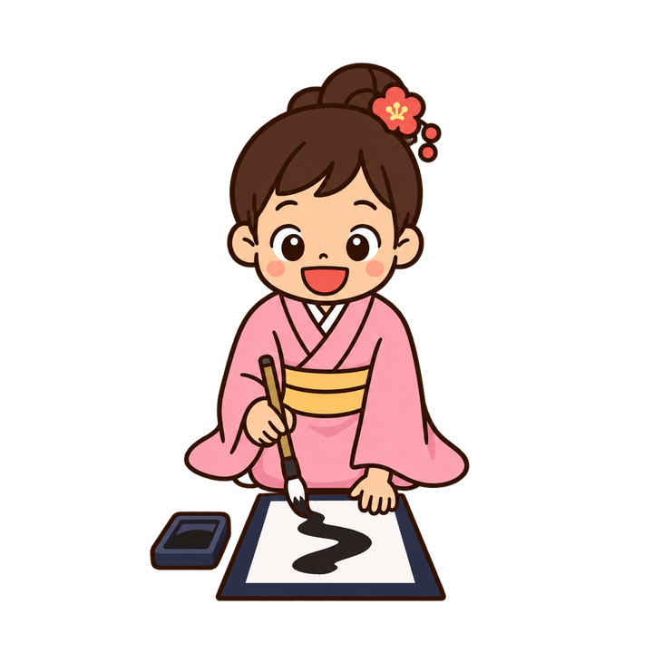 書き初めをする子どものイラスト（お正月・透過PNG）