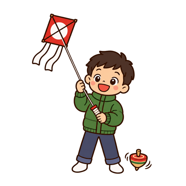 凧揚げとコマ回しのイラスト（お正月・透過PNG）