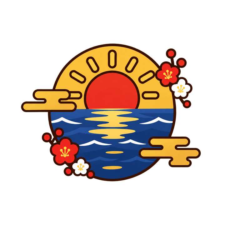 海からのぼる初日の出のイラスト（お正月・透過PNG）
