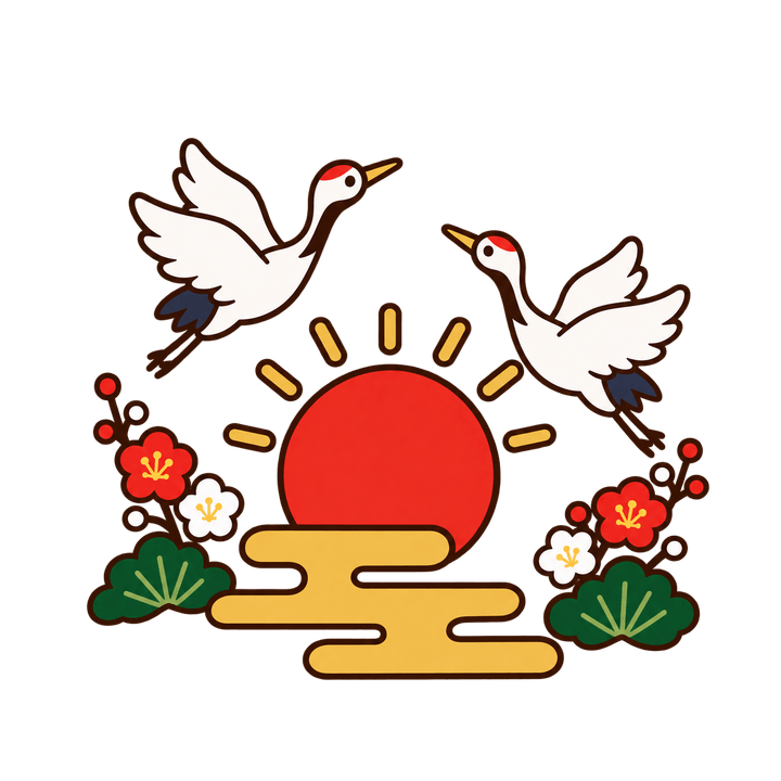 初日の出と鶴のイラスト（お正月・透過PNG）