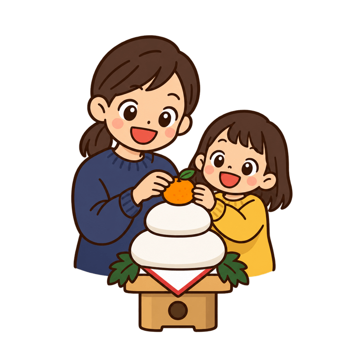 鏡餅を飾る親子のイラスト（お正月・透過PNG）