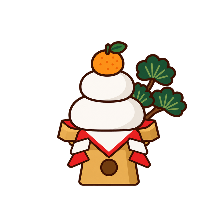 松をそえた鏡餅のイラスト（お正月・透過PNG）