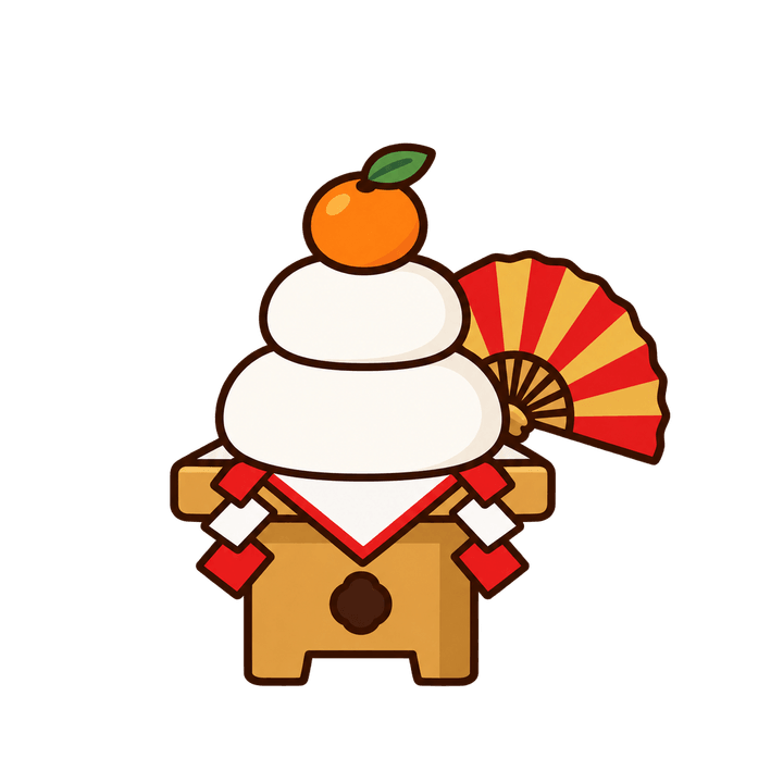 扇をそえた鏡餅のイラスト（お正月・透過PNG）