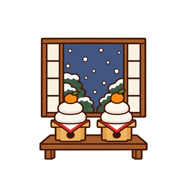 雪の窓辺の鏡餅のイラスト（お正月・透過PNG）