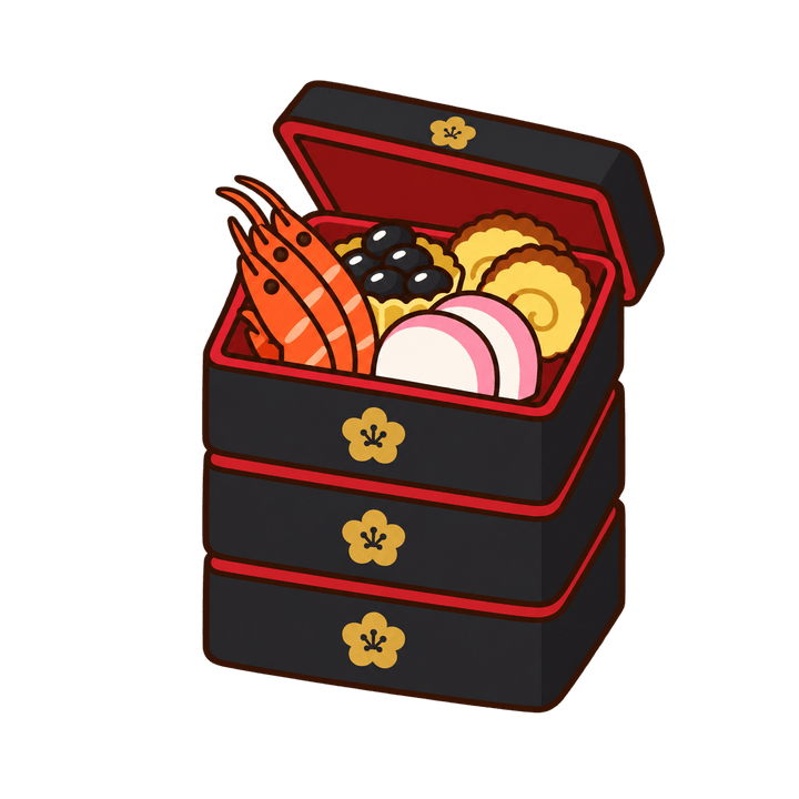三段重のおせちのイラスト（お正月・透過PNG）