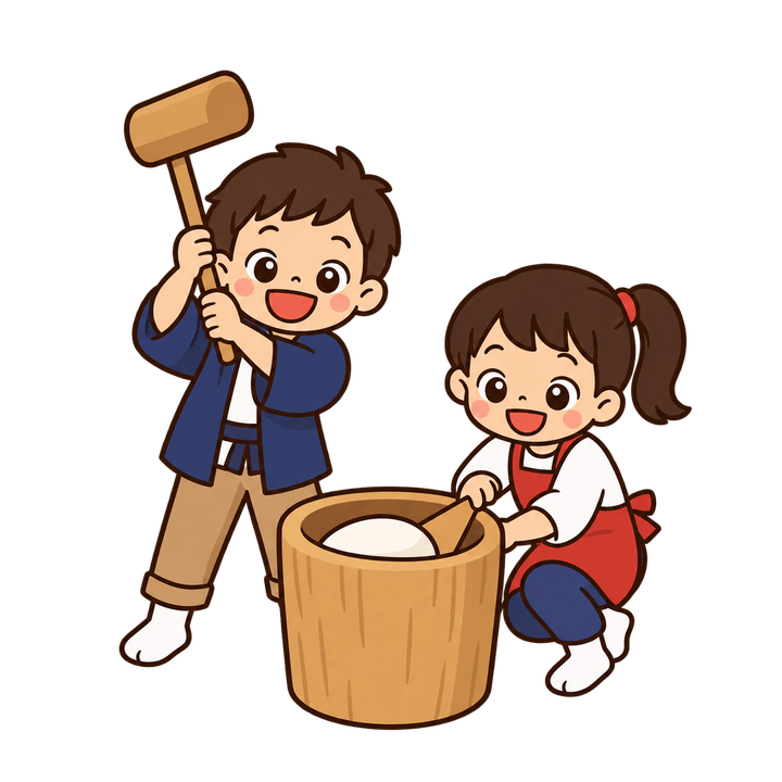 餅つきをする子どものイラスト（お正月・透過PNG）