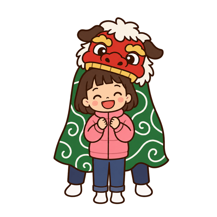 獅子舞と子どものイラスト（お正月・透過PNG）