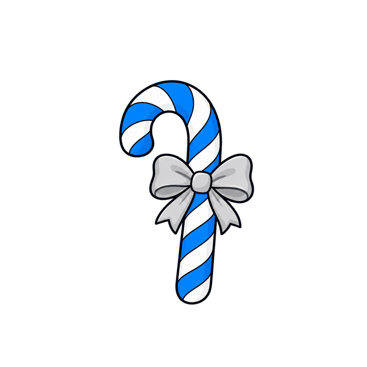 Blue Candy Cane with Silver Bow – Christmas clipart, transparent PNG