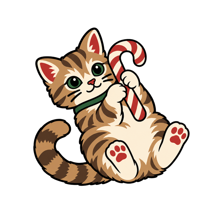 Kitten Playing with a Candy Cane – Christmas clipart, transparent PNG