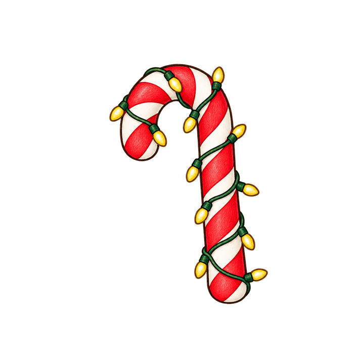 Candy Cane Wrapped in Lights – Christmas clipart, transparent PNG