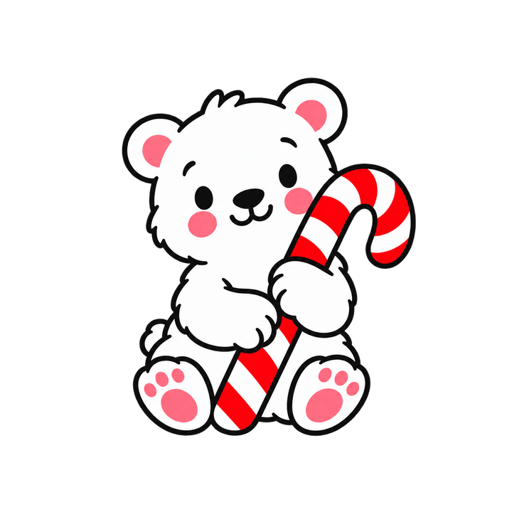 Polar Bear Cub Hugging a Candy Cane – Christmas clipart, transparent PNG
