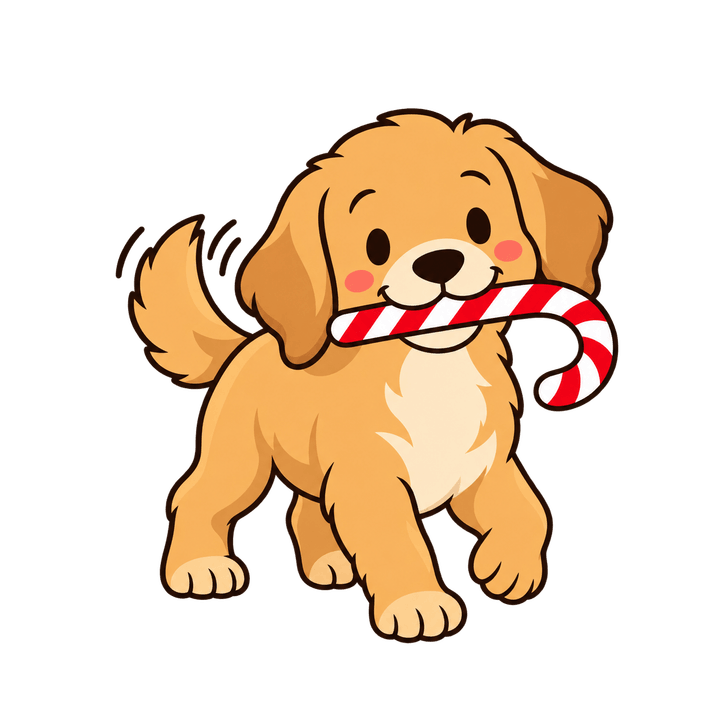 Puppy Carrying a Candy Cane – Christmas clipart, transparent PNG