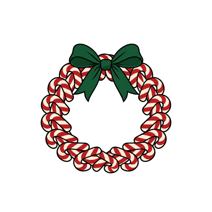 Candy Cane Wreath with Green Bow – Christmas clipart, transparent PNG