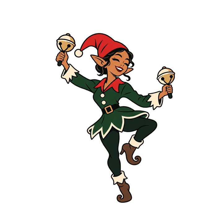 Elf Dancing with Jingle Bells – Christmas clipart, transparent PNG