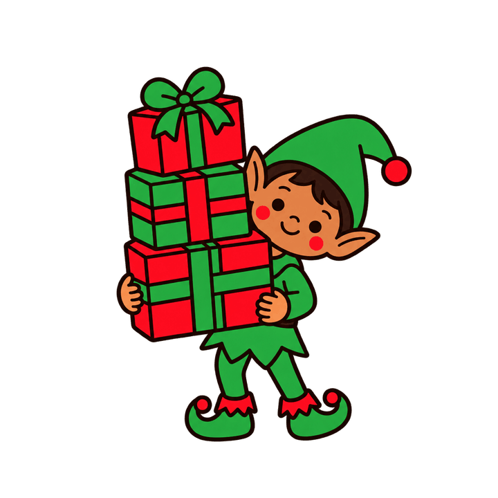 Elf Carrying a Stack of Presents – Christmas clipart, transparent PNG