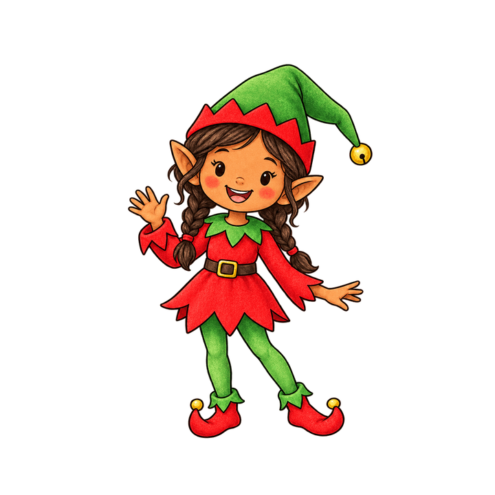 Elf Girl with Braids Waving – Christmas clipart, transparent PNG