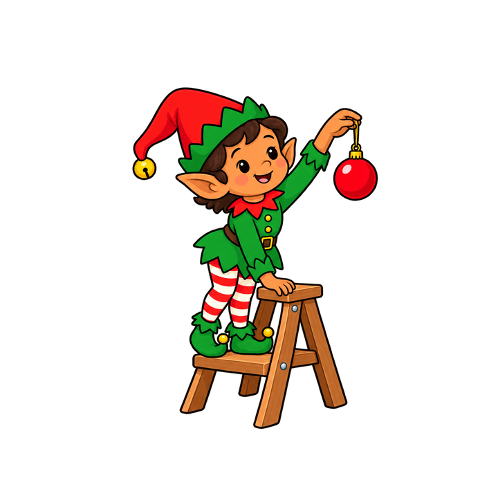 Elf Hanging an Ornament – Christmas clipart, transparent PNG