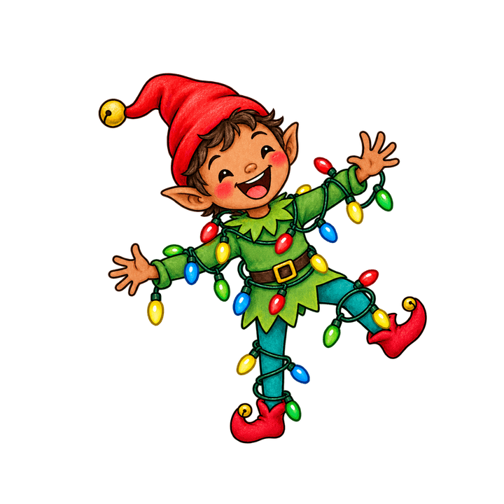 Elf Tangled in Christmas Lights – Christmas clipart, transparent PNG