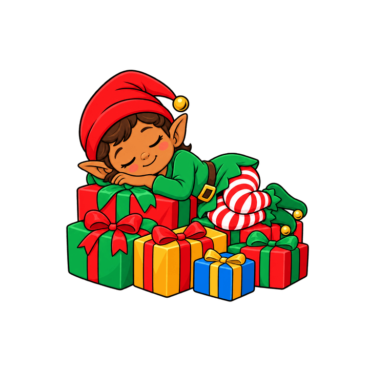 Elf Napping on Presents – Christmas clipart, transparent PNG