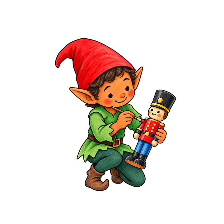 Elf Painting a Toy Soldier – Christmas clipart, transparent PNG