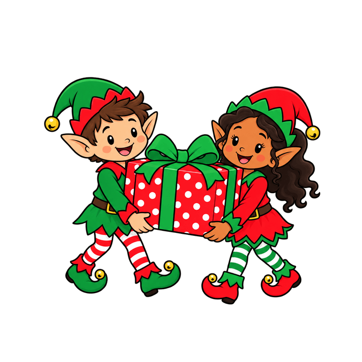 Two Elves Carrying a Present – Christmas clipart, transparent PNG