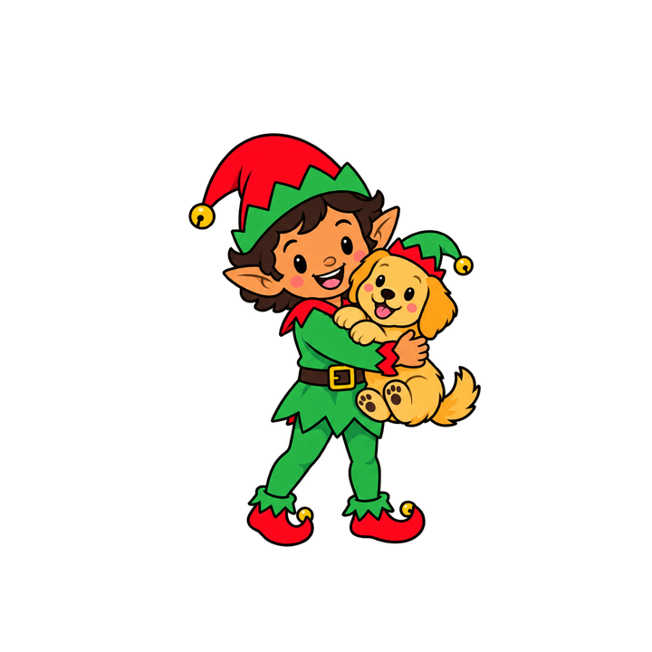 Elf Hugging a Puppy – Christmas clipart, transparent PNG