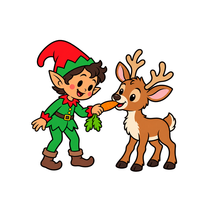 Elf Feeding a Reindeer – Christmas clipart, transparent PNG