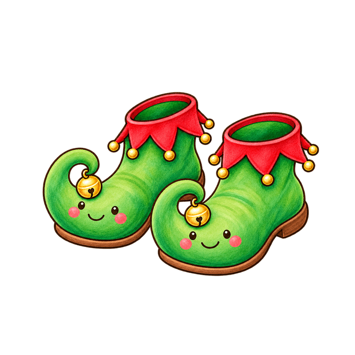 Smiling Elf Shoes with Bells – Christmas clipart, transparent PNG