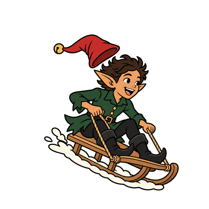 Elf Sledding with Hat Flying Off – Christmas clipart, transparent PNG