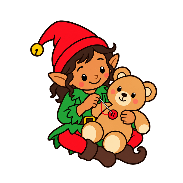 Elf Sewing a Teddy Bear – Christmas clipart, transparent PNG